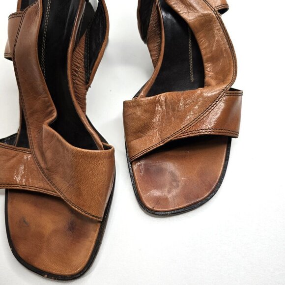 Vintage 90s Y2K Made in Italy Cognac Brown Leather Square Toe Block Heels - Picture 10 of 12